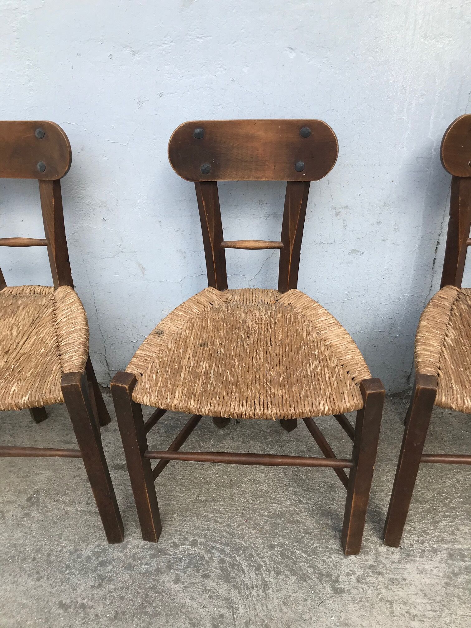 Set of 4 brutalist chairs wood and rope, popular art