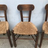 Set de 4 chaises brutalistes bois et corde, art populaire