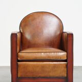 Cognac-colored sheepskin Art Deco design armchair in good condition