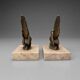 Art Deco bookends with birds – patinated metal and pink marble
