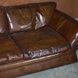Restored leather mid-century modern low sofa