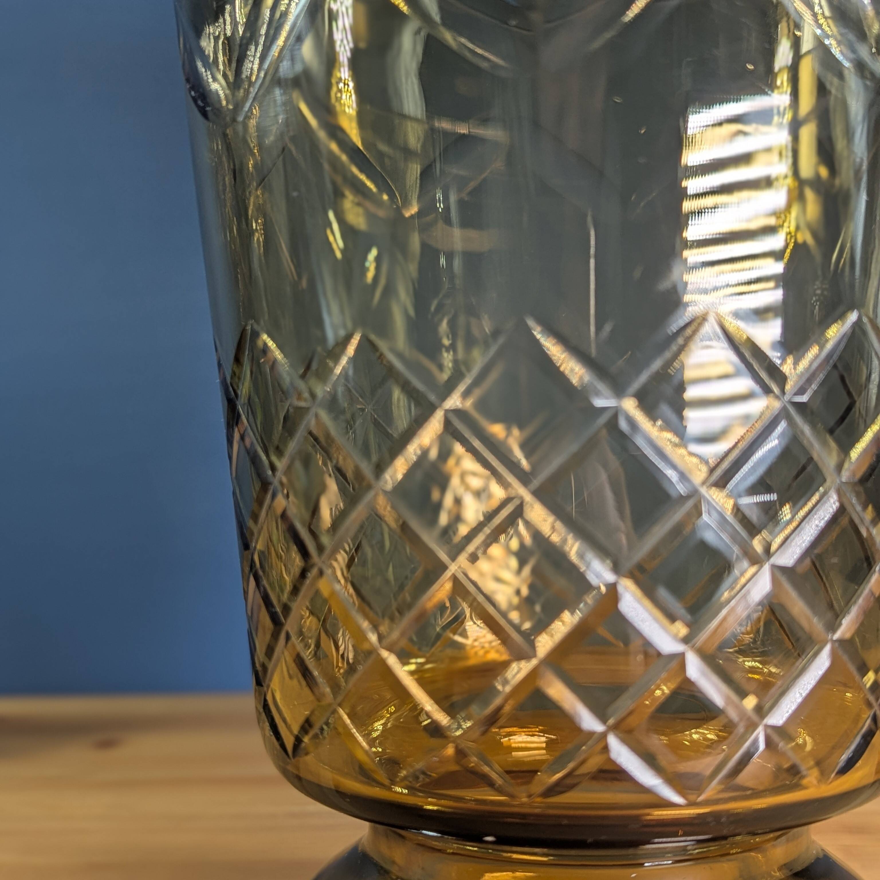 Brown smoked glass candle holder vase, height 23.5cm, geometric decoration