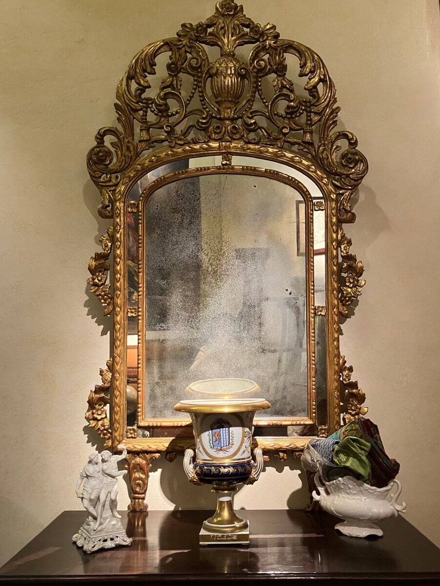 Large 19th Century French Giltwood Marriage Mirror Antique Overmantel Mirror with Original Mercury Foxed Glass