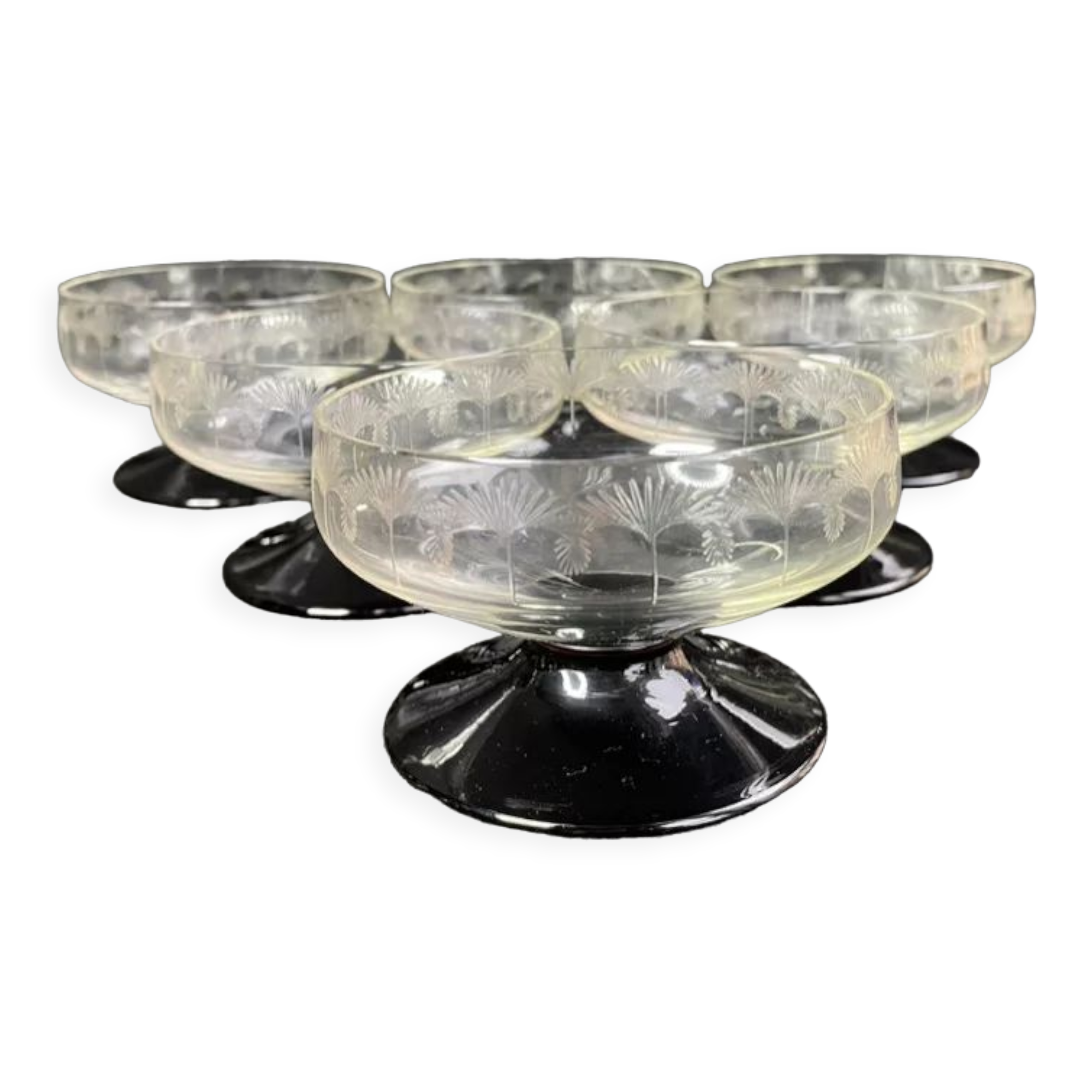 6 champagne glasses 1/2 crystal guilloché colored foot