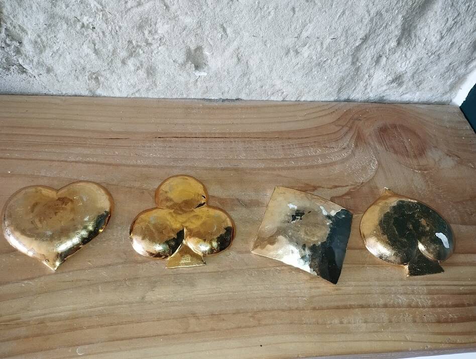 Set of 4 Jie Gantofta enamelled brass ashtrays – playing cards – desi