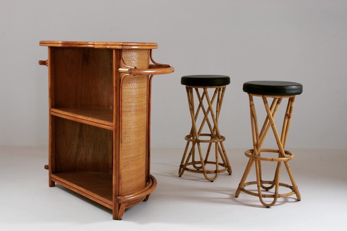 Rattan bar and stools, France 1960s, set of 3