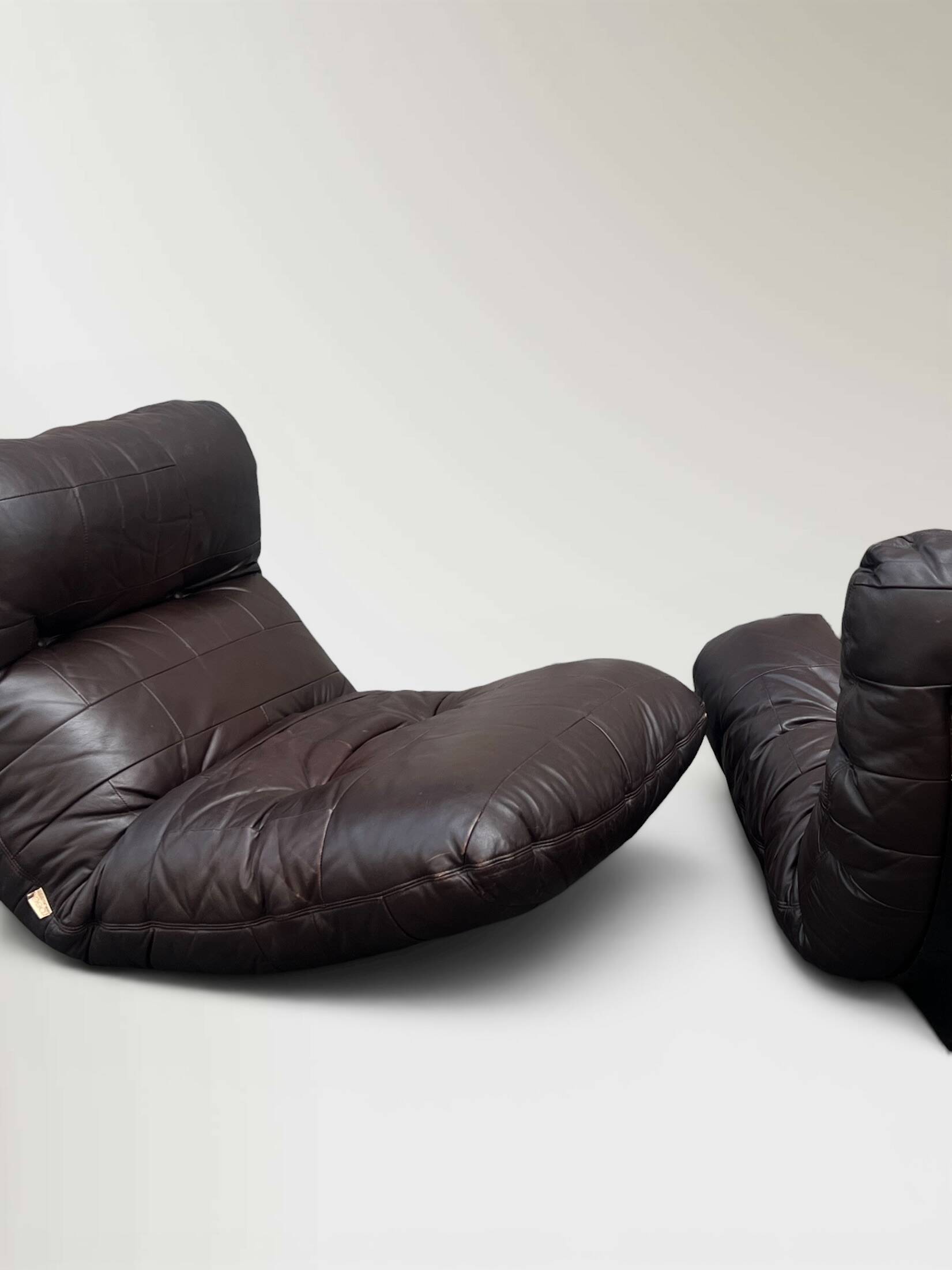 2 Marsala armchairs in plexiglass & brown patchwork leather, Ligne Roset 1970