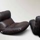2 Marsala armchairs in plexiglass & brown patchwork leather, Ligne Roset 1970