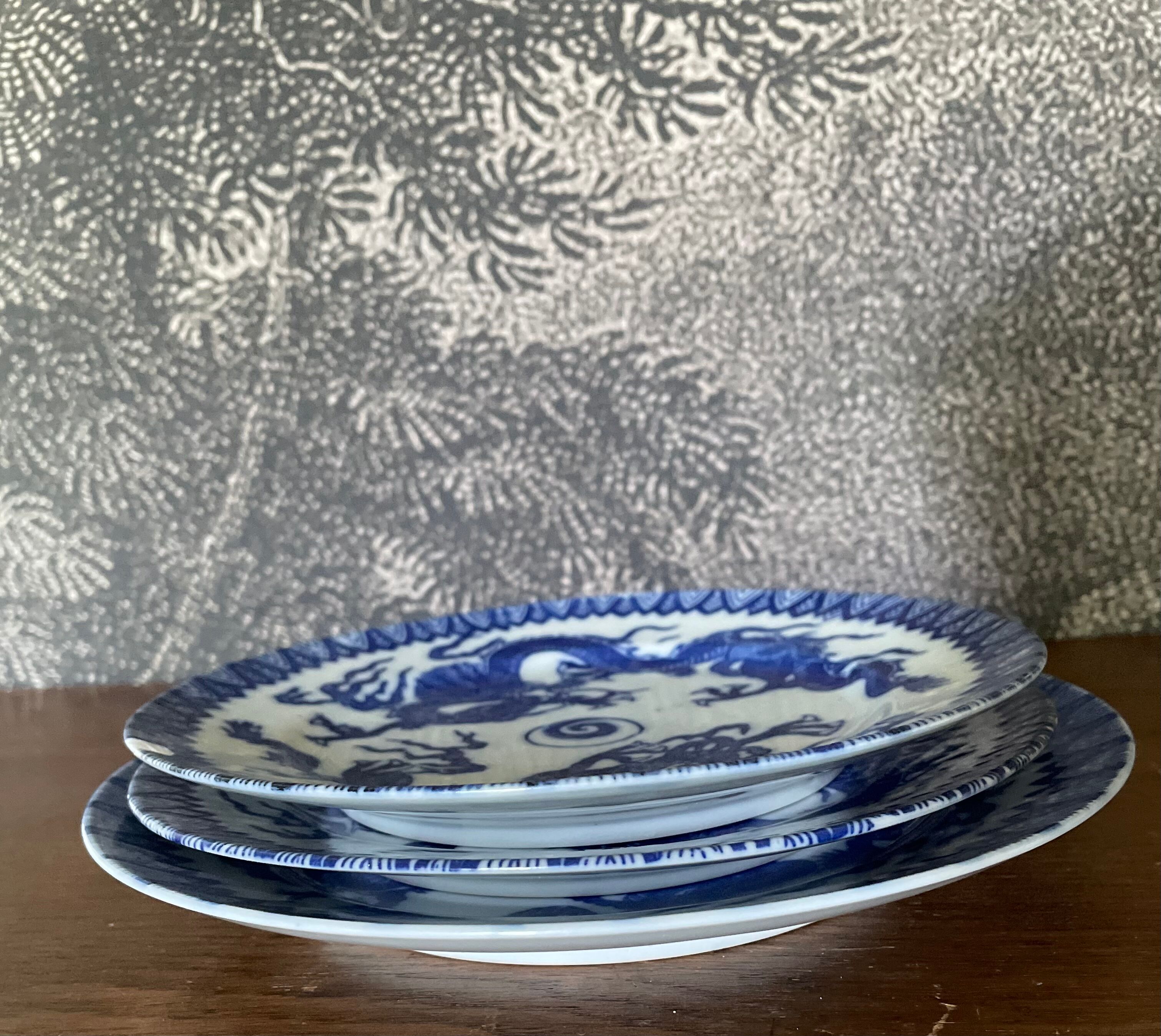 Asian porcelain plates decorated with blue dragons
