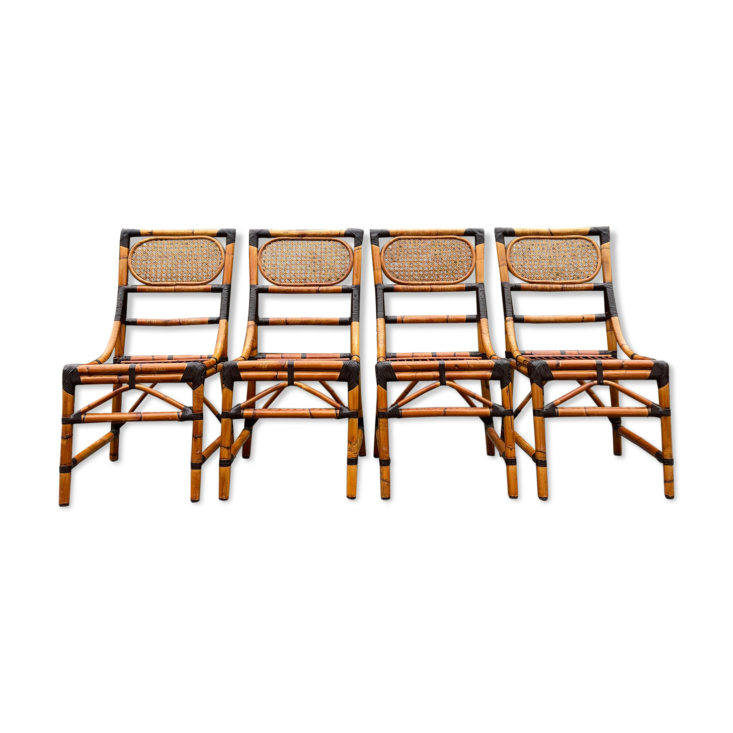 4 chaises en bambou et cannage