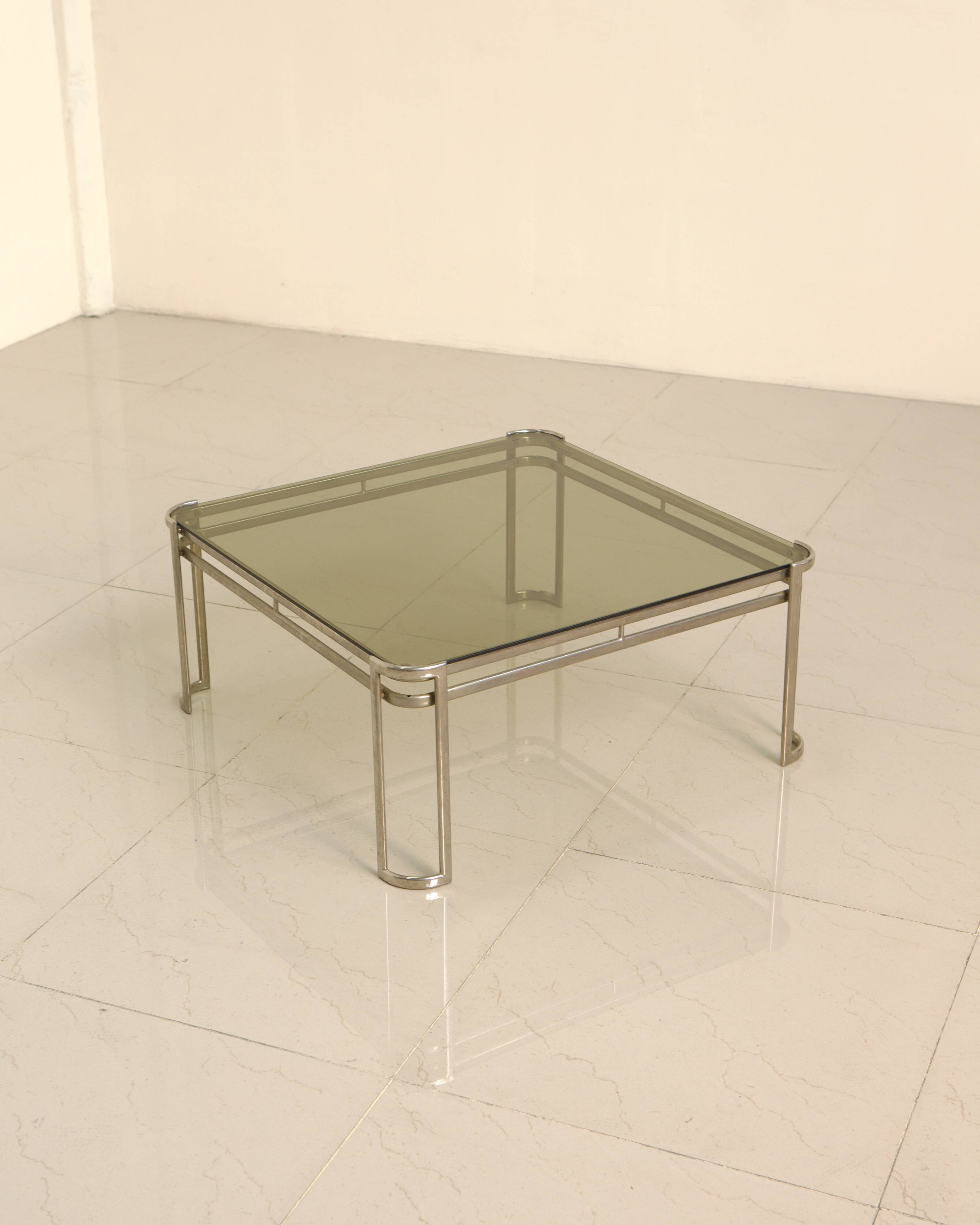Italian coffee table in metal and brown smoked glass from the 60s