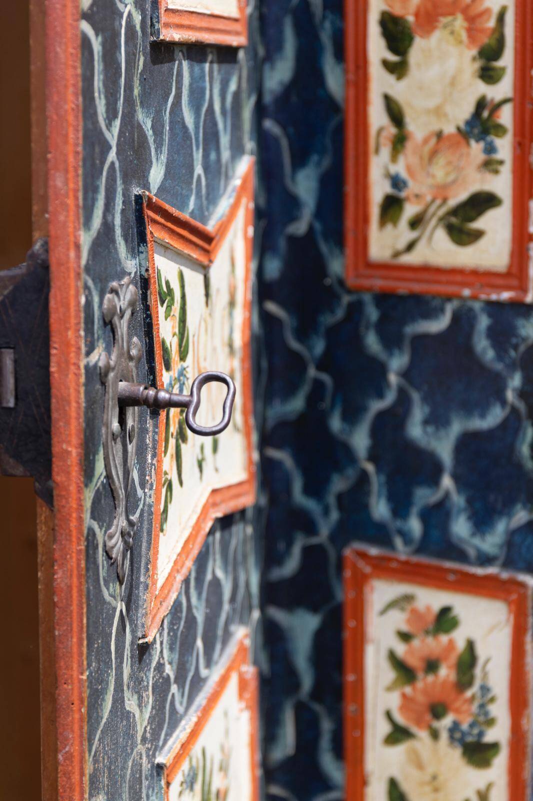 Antique hand-painted Baroque chest folk art cabinet dated solid wood Central Europe, 1865