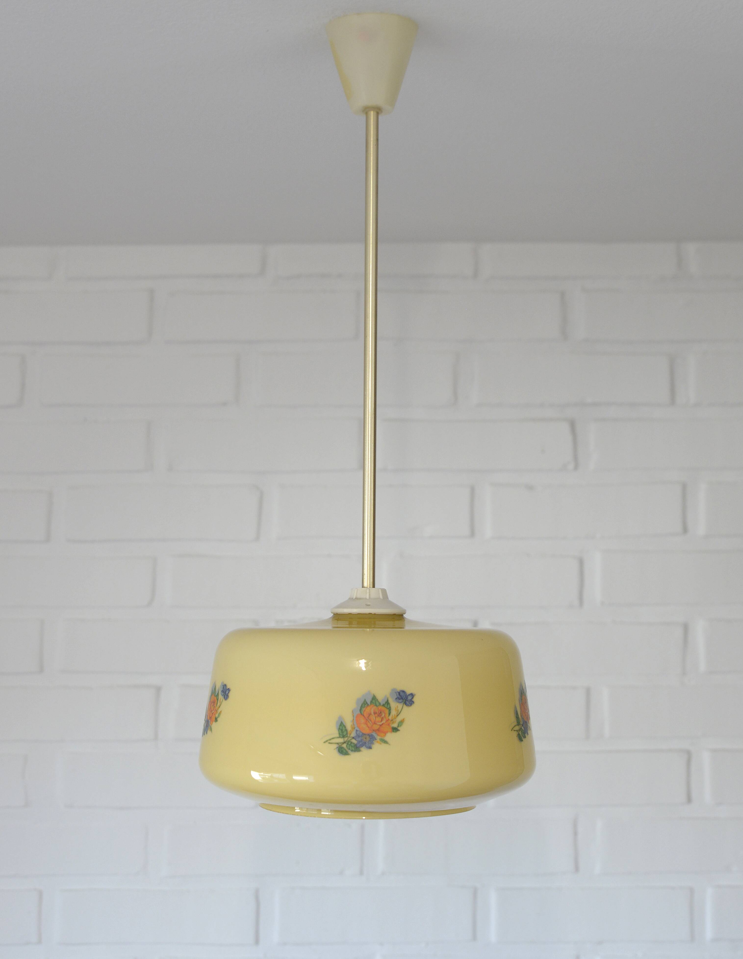 Vintage Beige Pendant Light / Retro Kitchen 1950 / Mid Century Glass Lamp