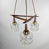 Scandinavian hanging lamp with glass cones hold by teak hanging