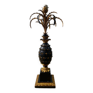 Grande lampe de table ananas en bois sculpté noir et or, France, début du XXe siècle