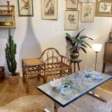 Vintage bamboo and rattan telephone bench