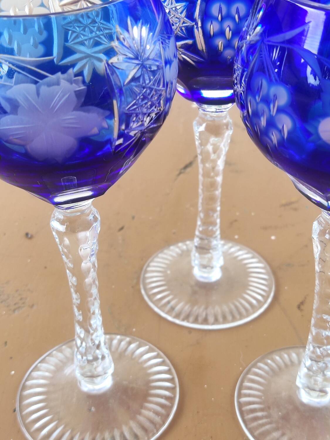 3 large cobalt blue cut crystal stemmed glasses