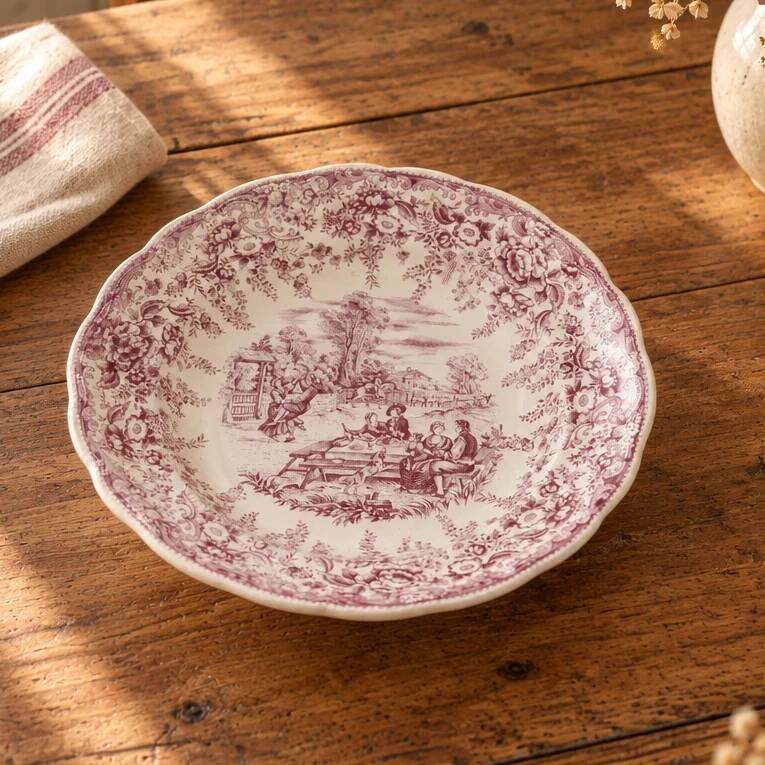Large vintage shallow dish Lunéville KG – French earthenware, purple country decor – 30 cm
