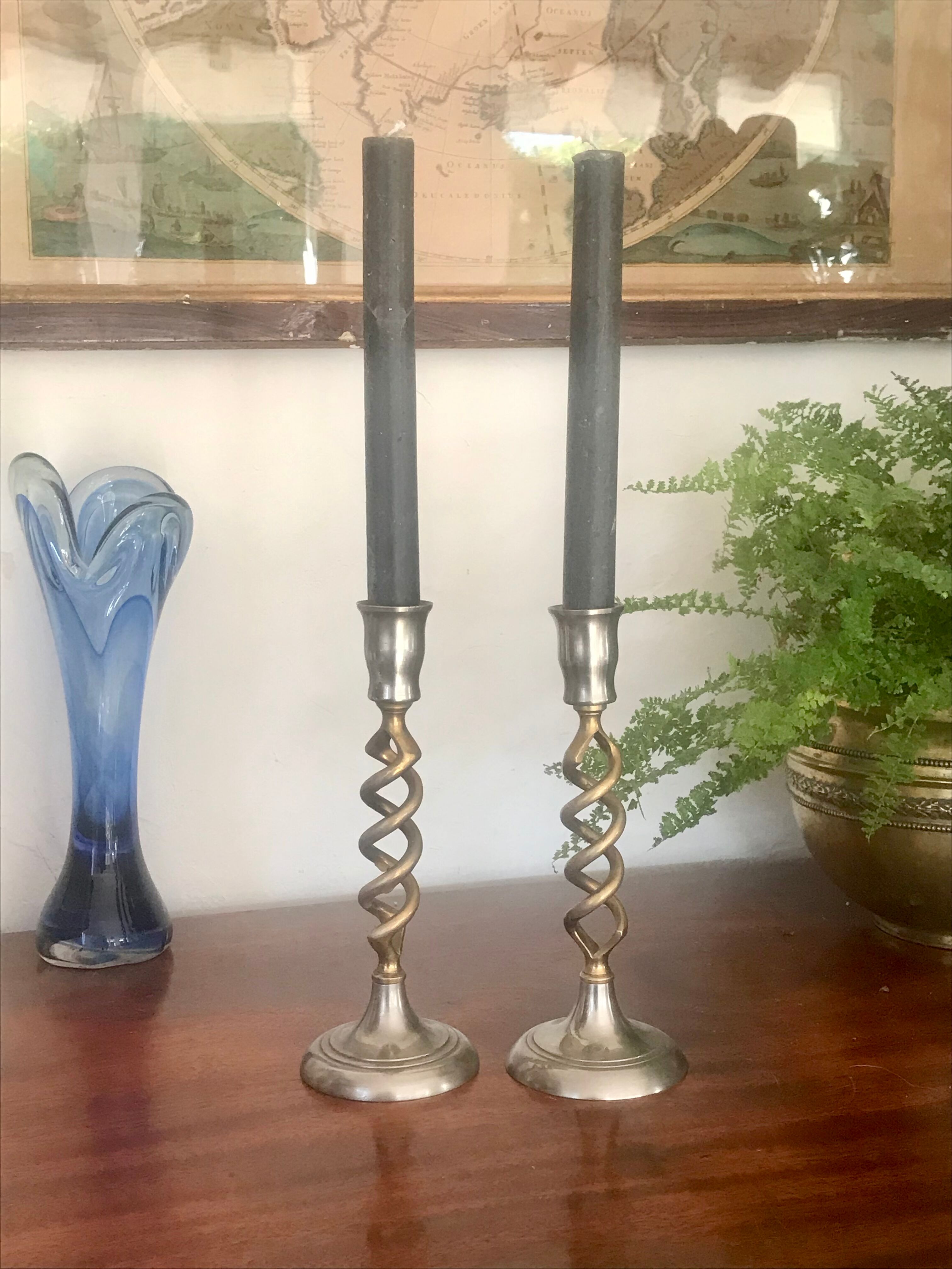 Pair of twisted brass candle holders
