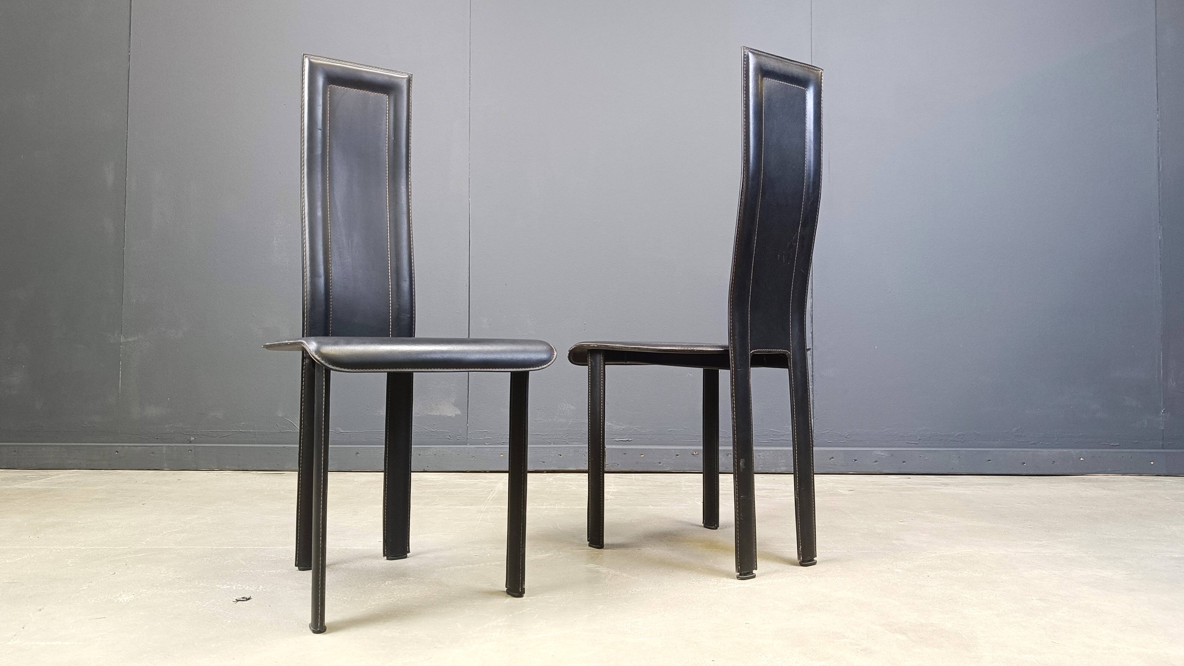 Set of 6 post modern black leather dining chairs, 1980s