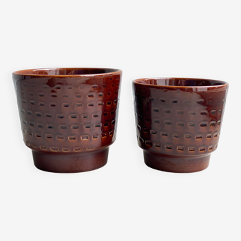 Set of 2 vintage planters - brown ceramic