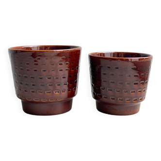 Set of 2 vintage planters - brown ceramic