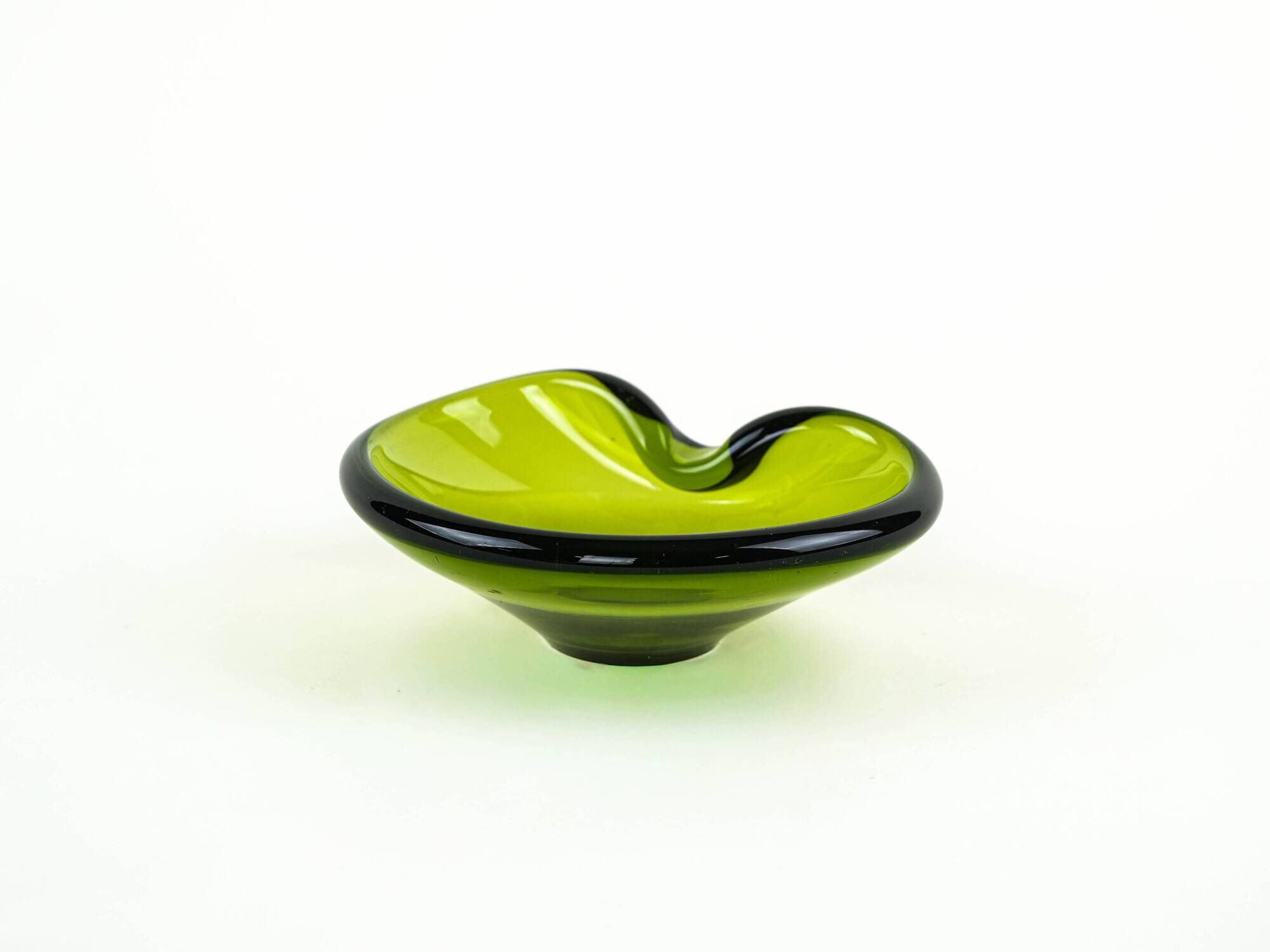 Holmegaard glass platter in olive green, organic form, Danish design, 1970s