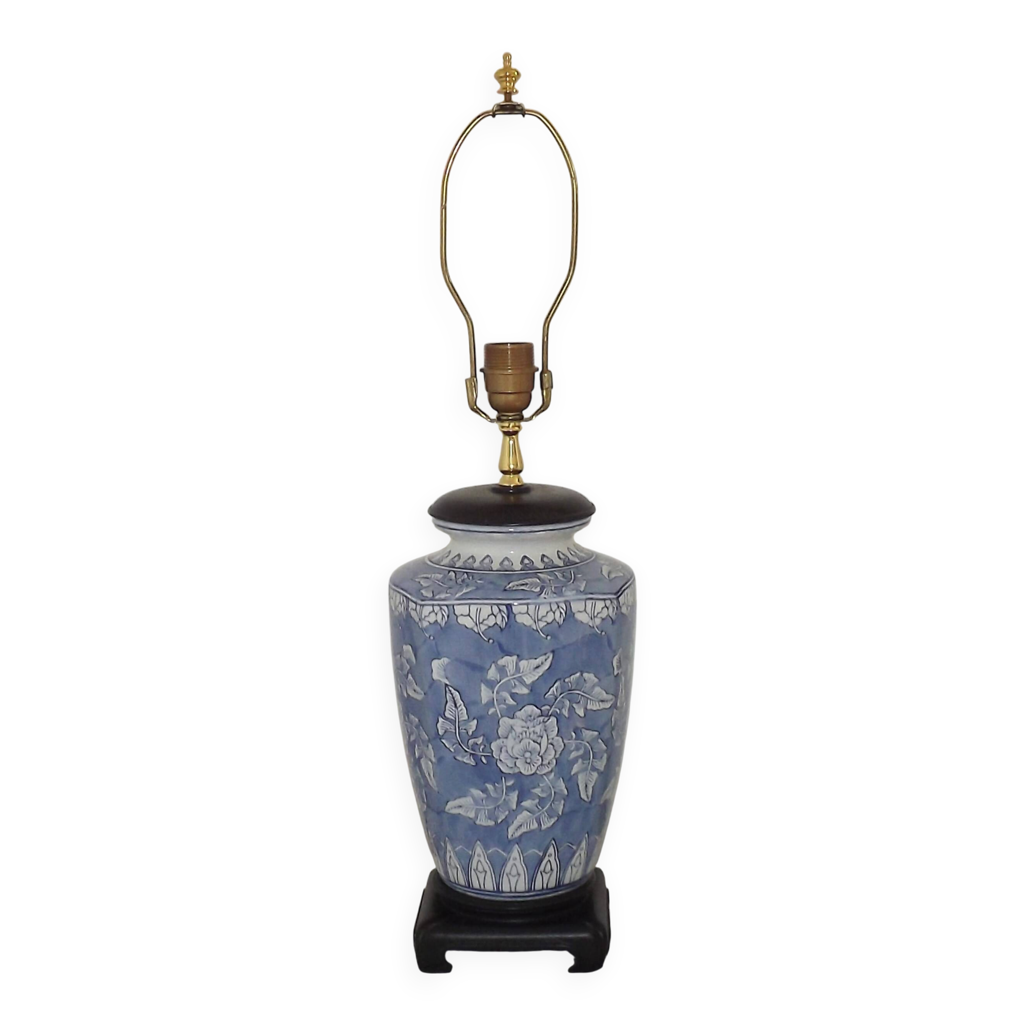Tall Blue & White Oriental Style Ceramic Table Lamp with Floral Decoration