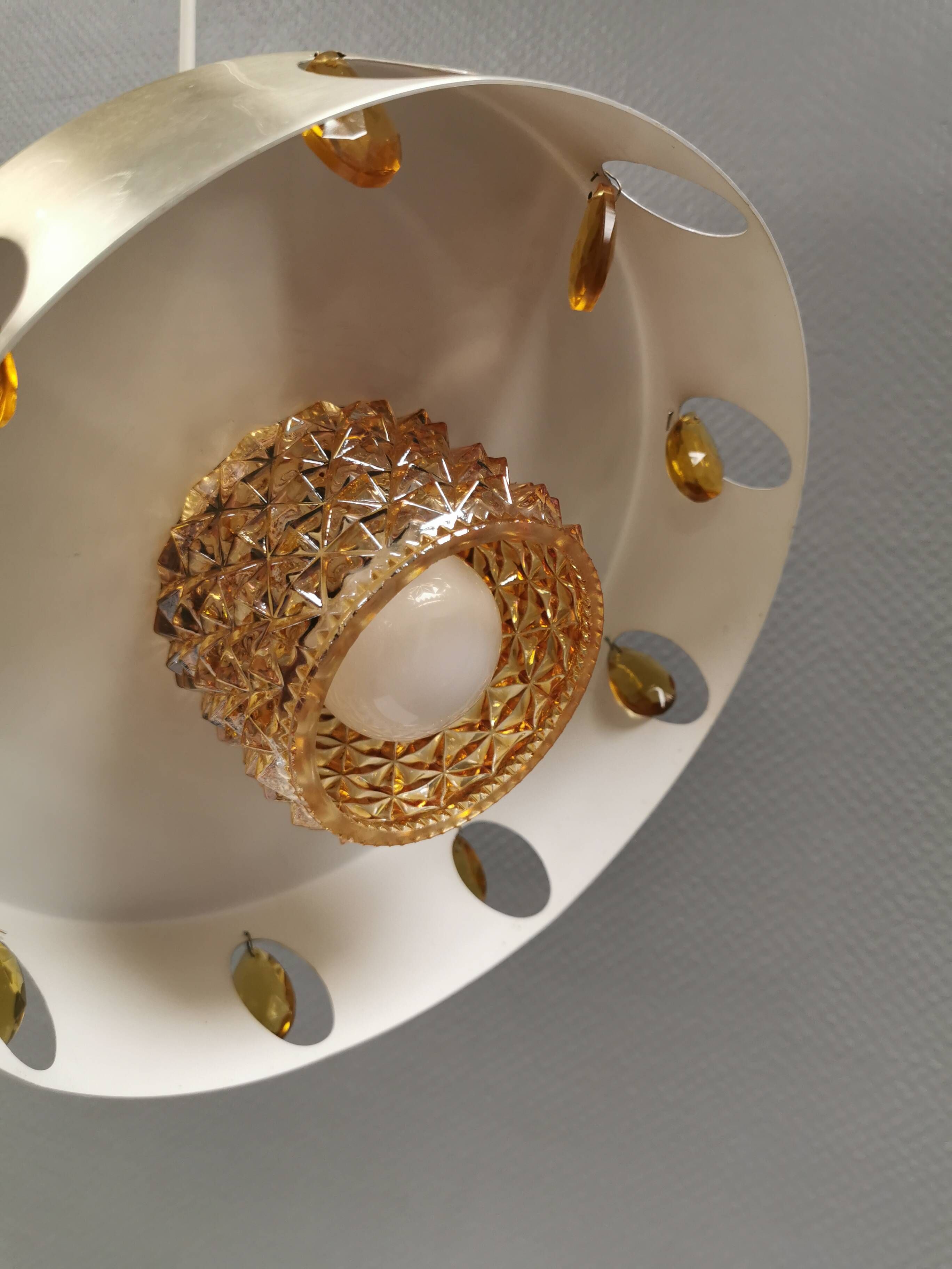 Danish hanging lamp made of glass, metal and with amber colored prisms