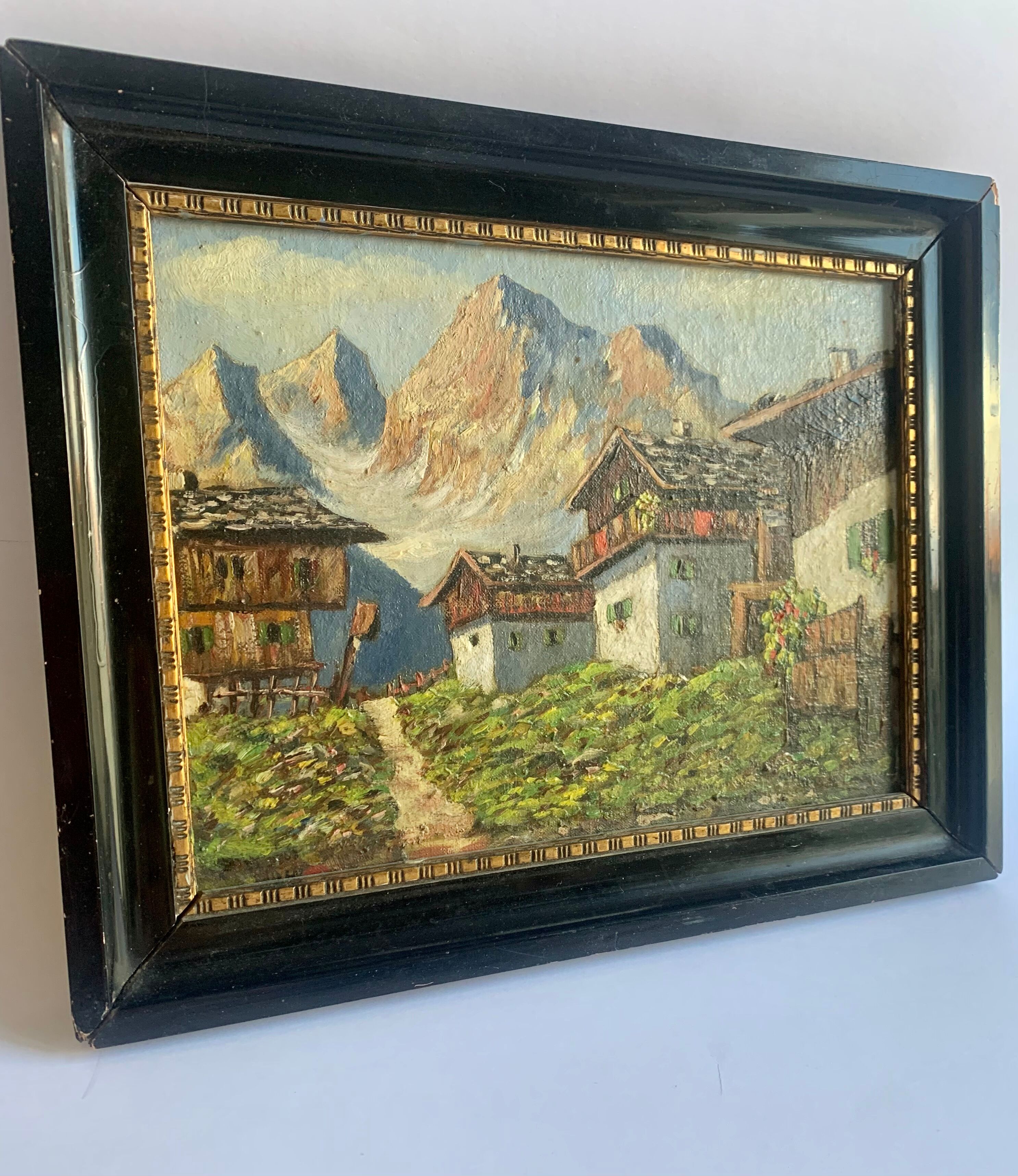 Alpine Village Antique oil painting
