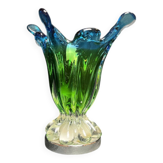 Vintage colored glass vase with metal base, 20th century