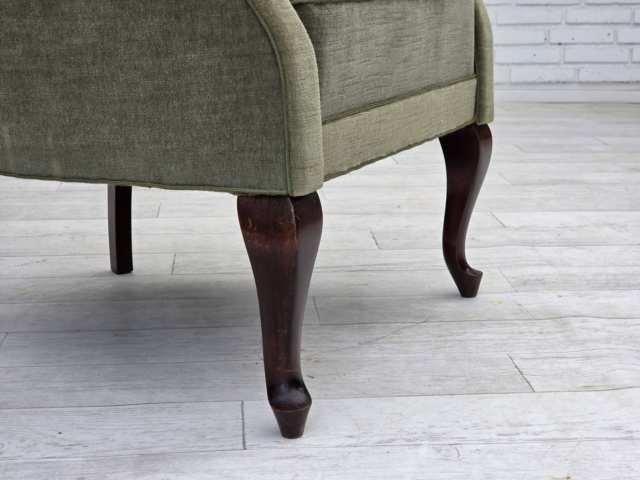 1960s, Danish armchair, green furniture velour, beech wood legs.