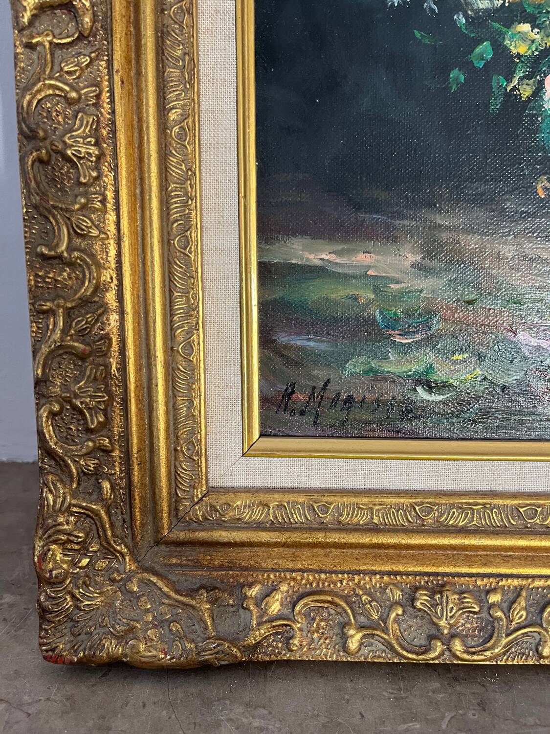 Framed bouquet of flowers, oil on canvas signed R Mogisse.