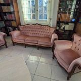 Living room sofa and 2 Napoleon III armchairs in tufted velvet.