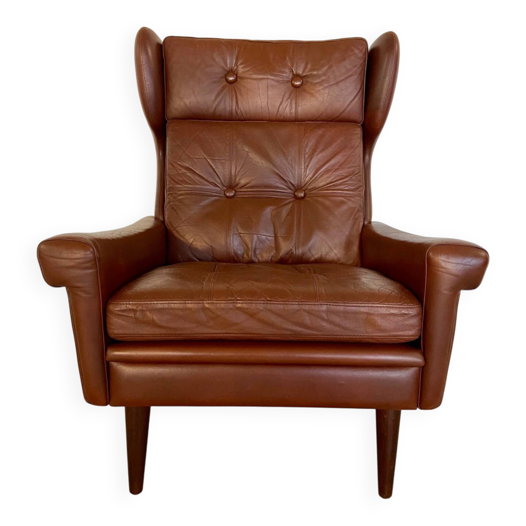 Vintage Danish retro mid-century Svend Skipper caramel brown leather chair