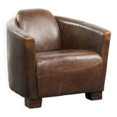 Fauteuil design aviateur en cuir de vache marron cognac foncé robuste