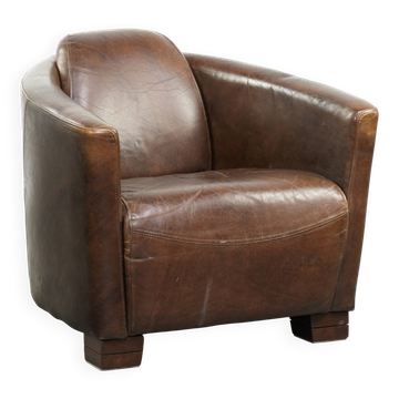 Sturdy dark cognac brown cow leather Aviator design armchair