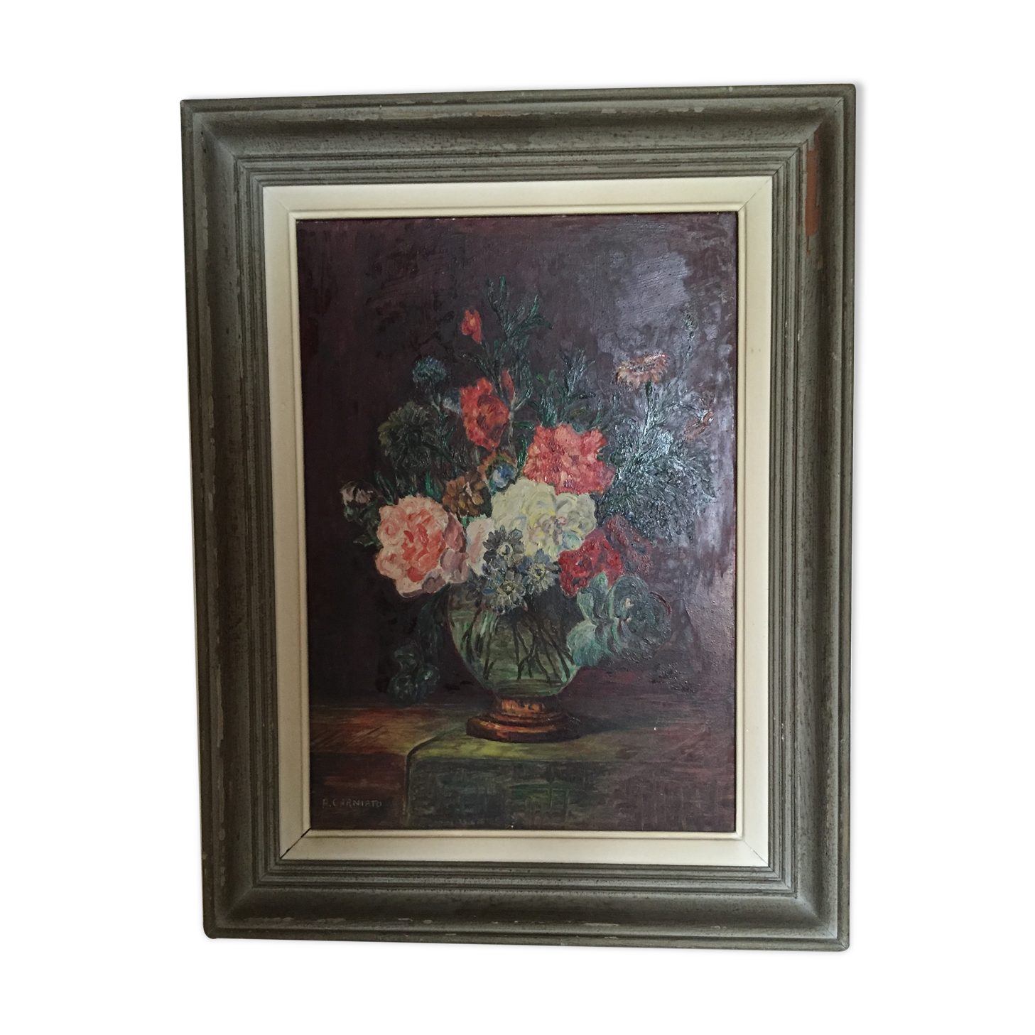 Oil on panel: still life with a bouquet of flowers on a bed