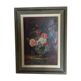 Oil on panel: still life with a bouquet of flowers on a bed