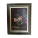 Oil on panel: still life with a bouquet of flowers on a bed