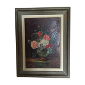 Oil on panel: still life with a bouquet of flowers on a bed