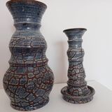 Blue glazed terracotta vase and candle holder