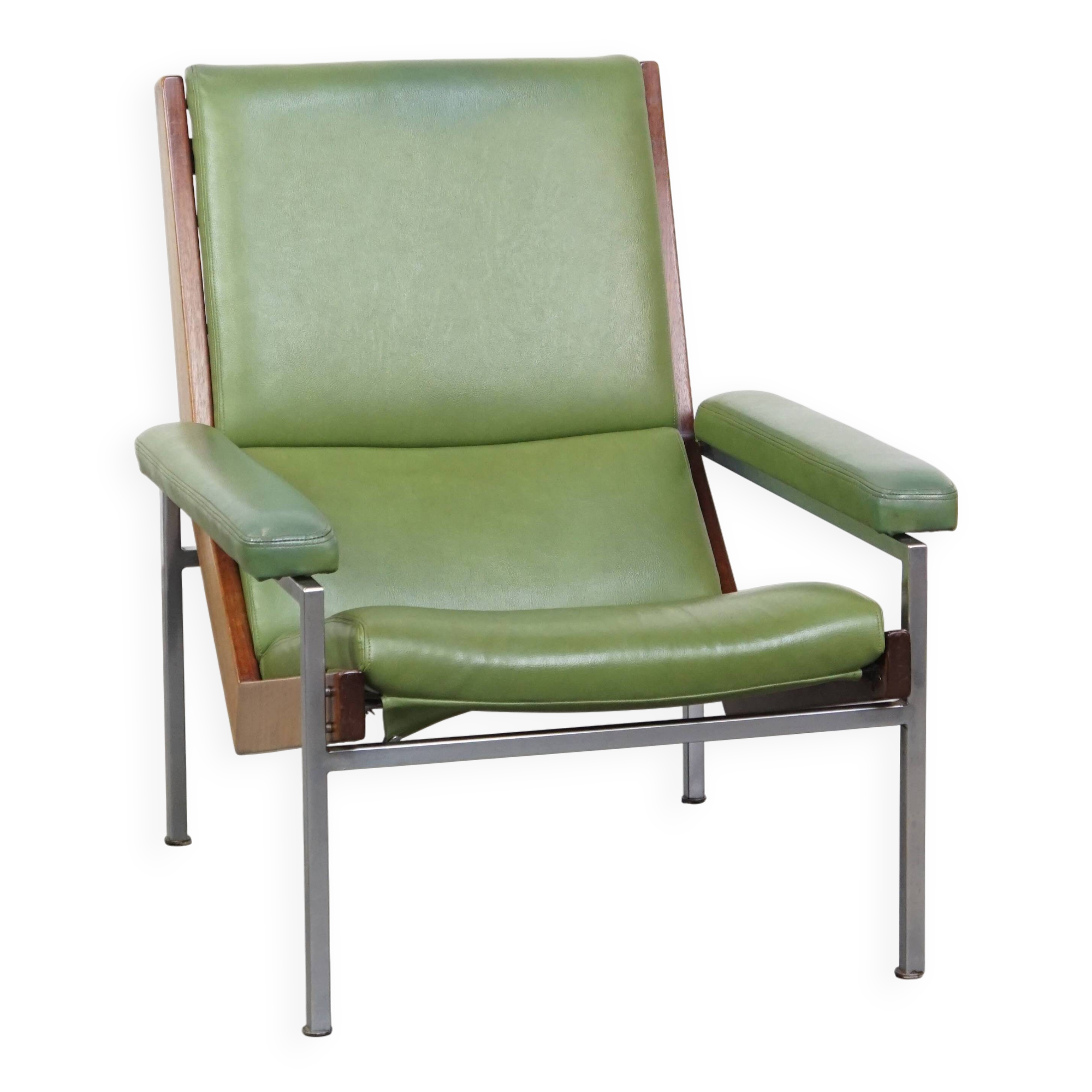Green cowhide Leather and Wooden Vintage Armchair