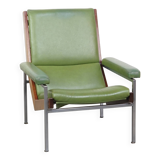 Green cowhide Leather and Wooden Vintage Armchair