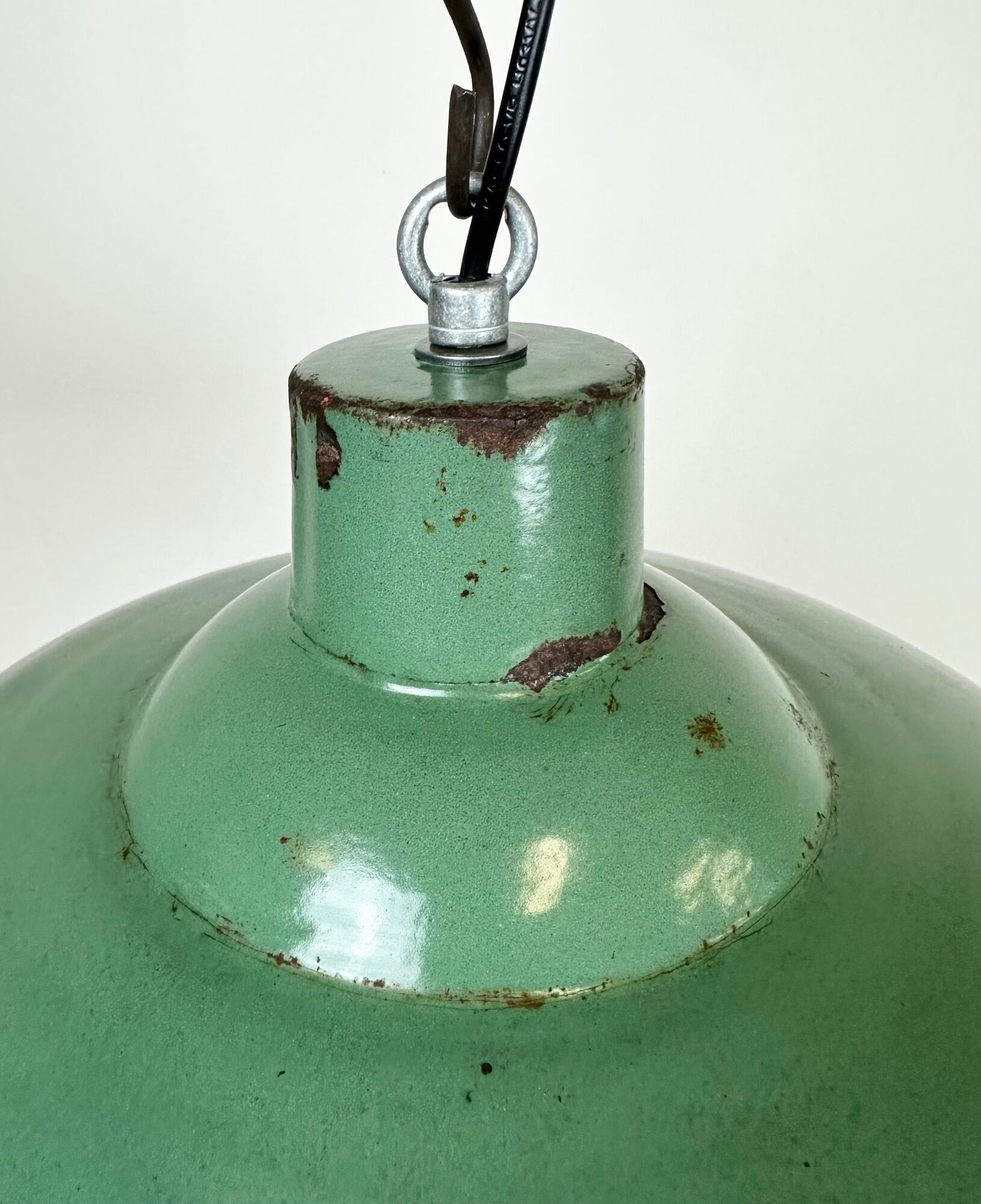 Industrial french green enamel factory lamp, 1960s