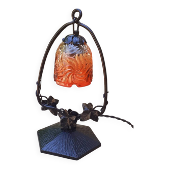 1925 Art Deco Lamp in Wrought Iron and Baccarat Crystal