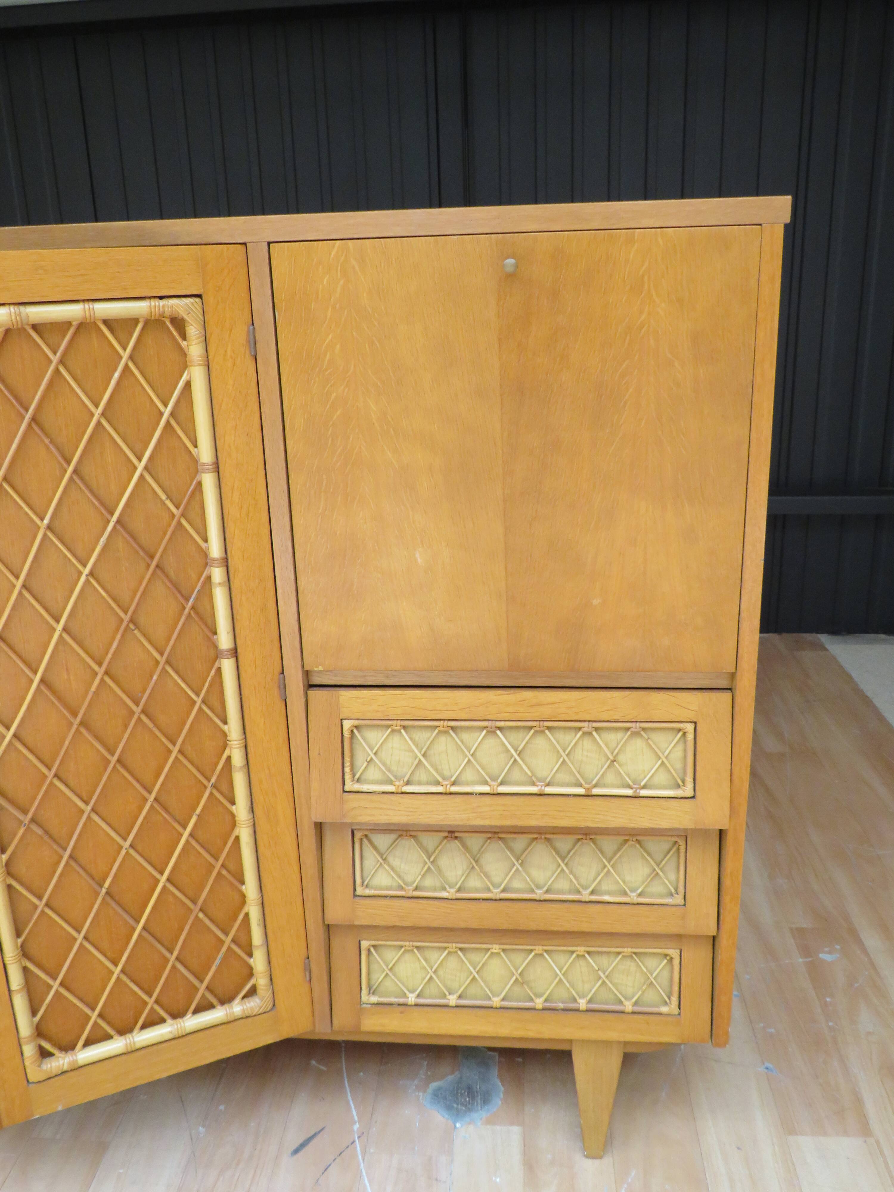 Wardrobe secretary child 60s wood and rattan feet compass
