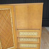 Wardrobe secretary child 60s wood and rattan feet compass