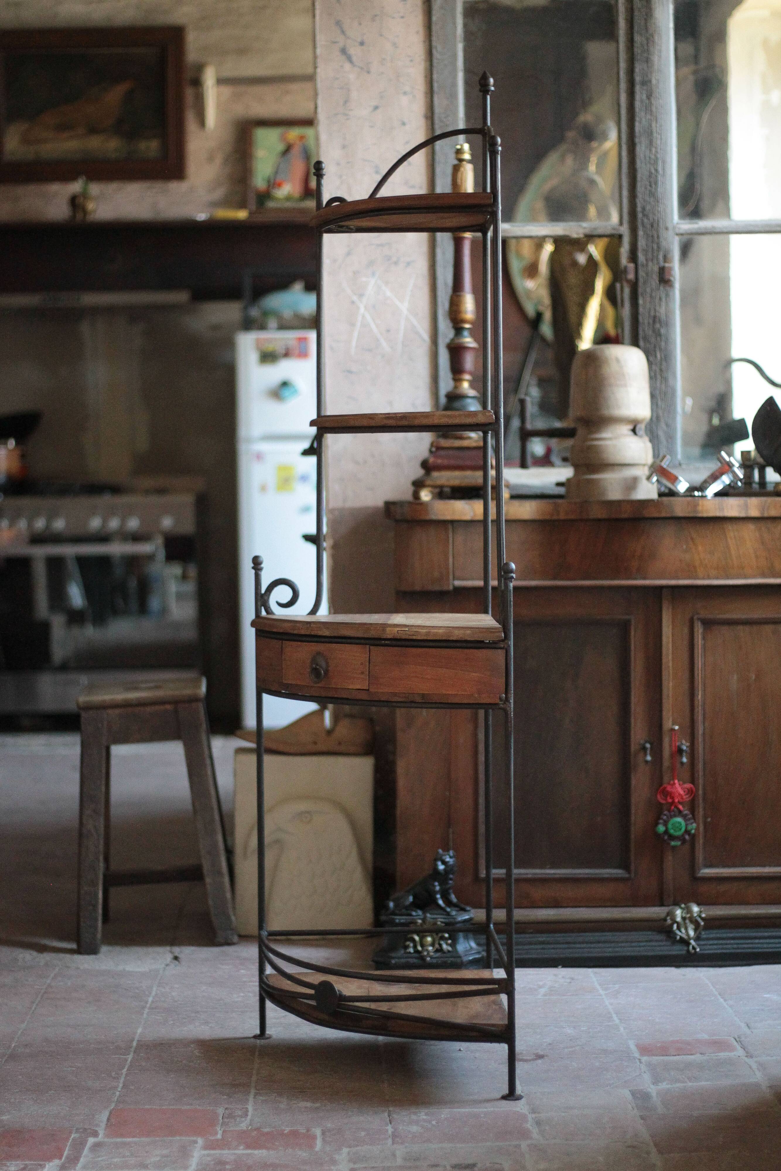 Wrought iron and wood corner unit, vintage corner furniture, corner shelf.