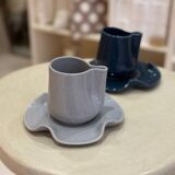 Set of cups mugs water lily ceramic handmade pop blue gray